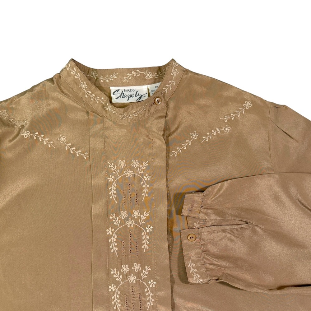 Lady Shapely 40 Tan Blouse Floral Embroidered Mandarin Collar Vintage Top